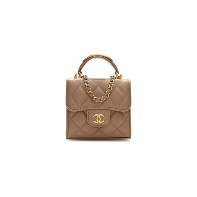 CHANEL LAMBSKIN QUILTED MINI TOP HANDLE FLAP CLUTCH WITH CHAIN BEIGE AP2682 (11*11*5.5cm)